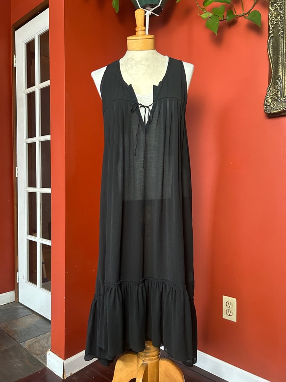 Wilfred Black Sleeveless Sheer Boho Tie-Front Ruffle Hem Maxi Dress